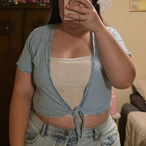 Size Large Blue Crop Tie Front Top